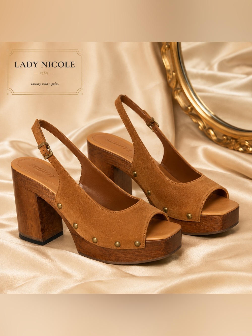 Schutz Rose Sling Brown Suede Studded Platform Sandals Size 9.5 NWOB